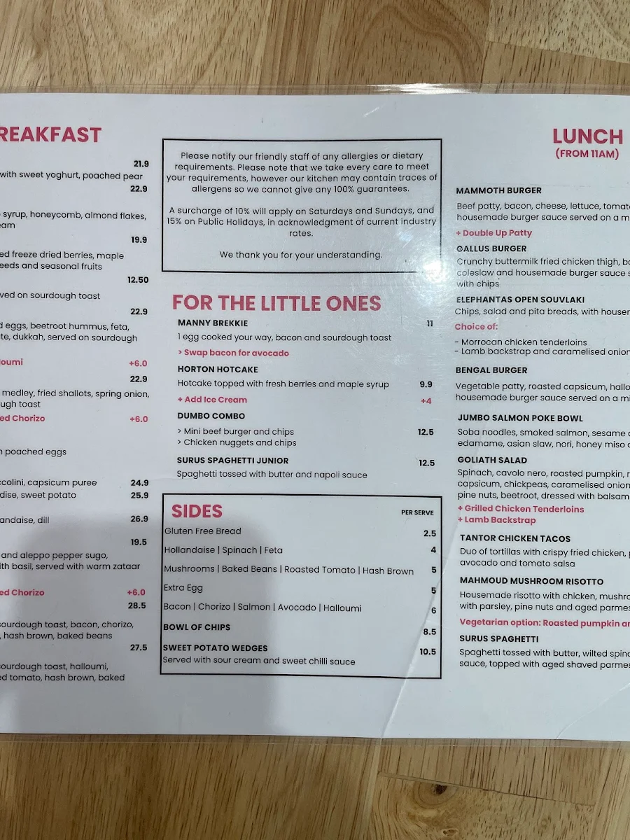 Menu, Elephant Cafe Albion