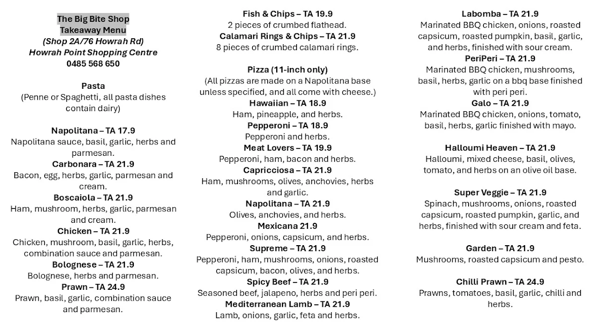 Menu, The Big Bite Shop