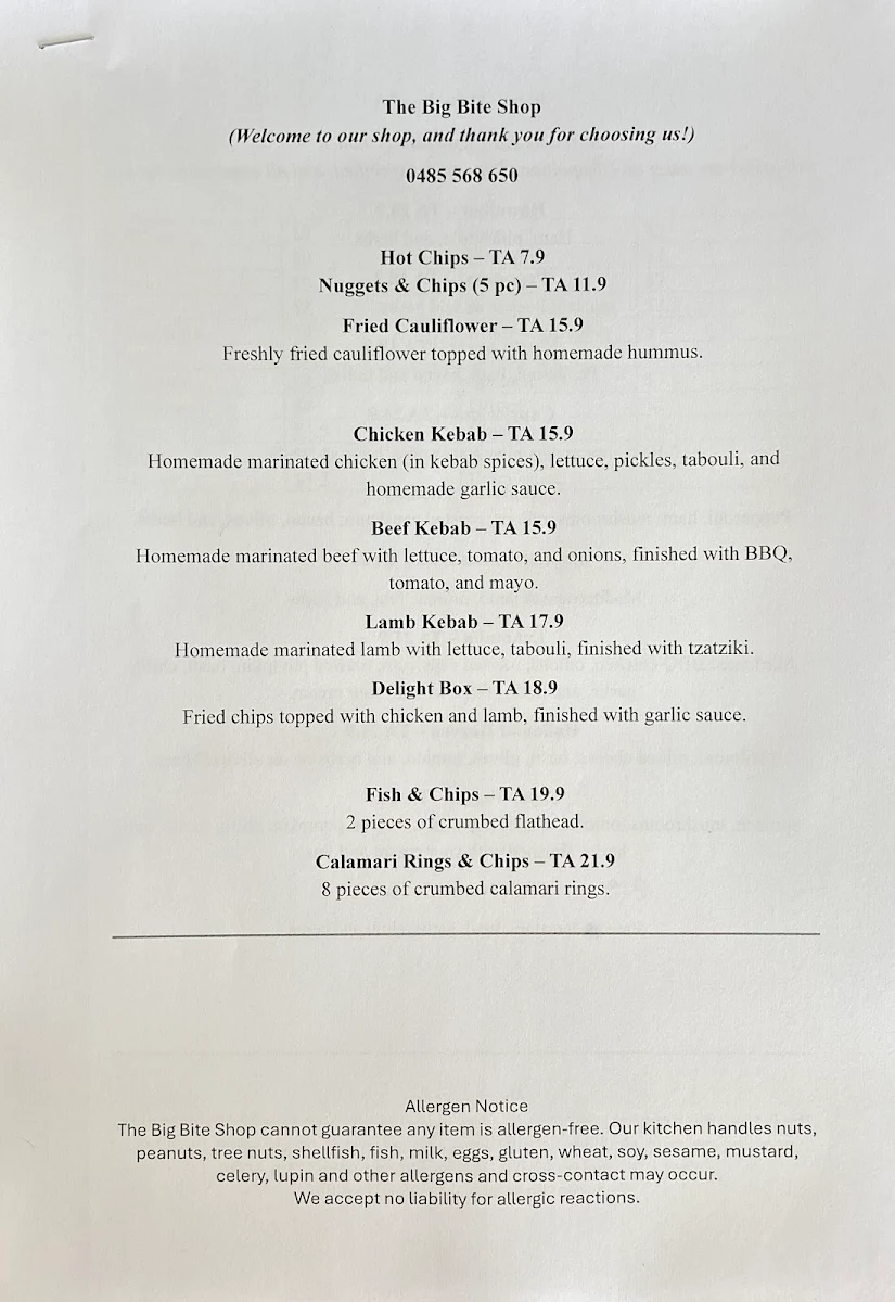 Menu, The Big Bite Shop
