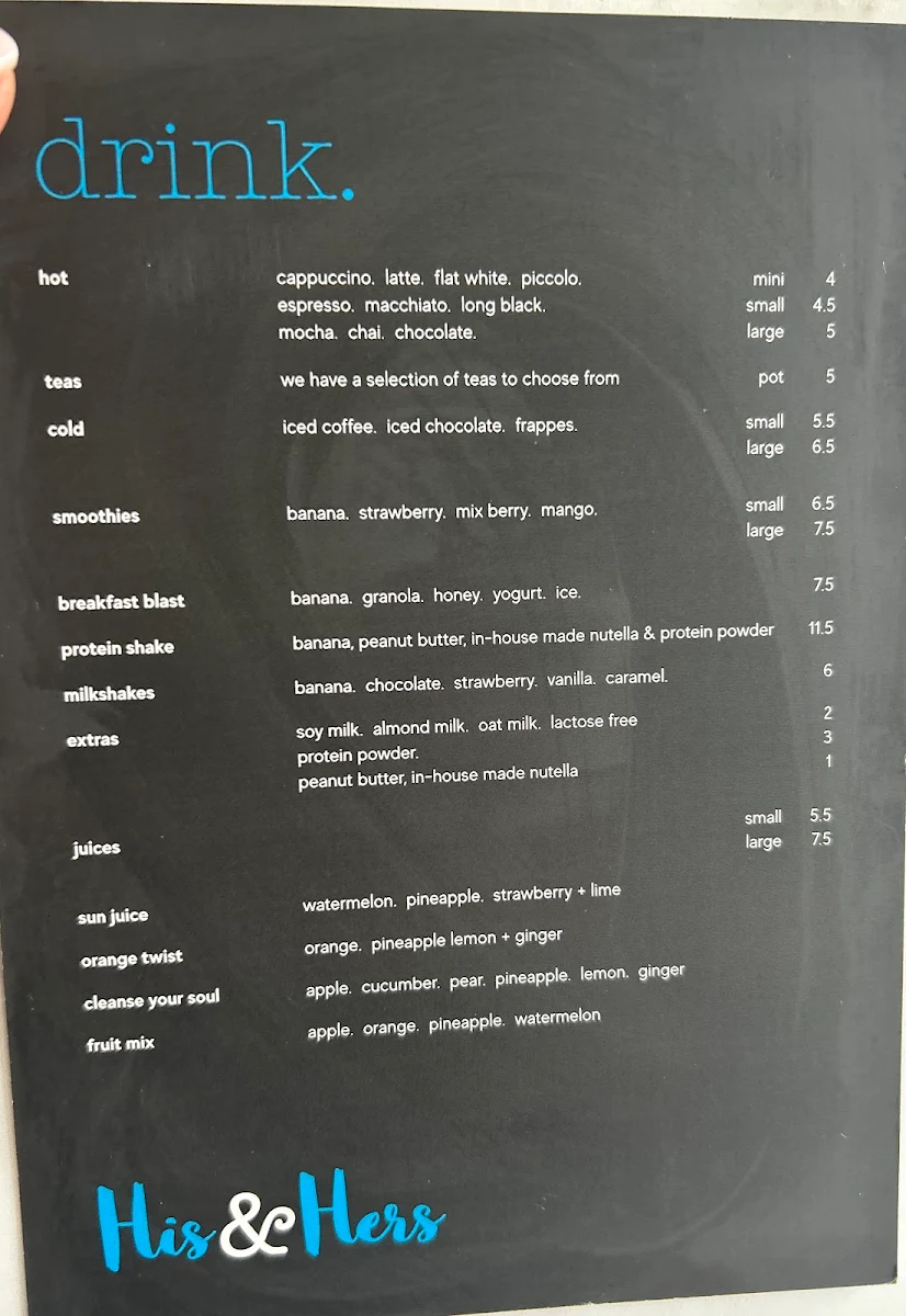 Menu, His & Hers cafe