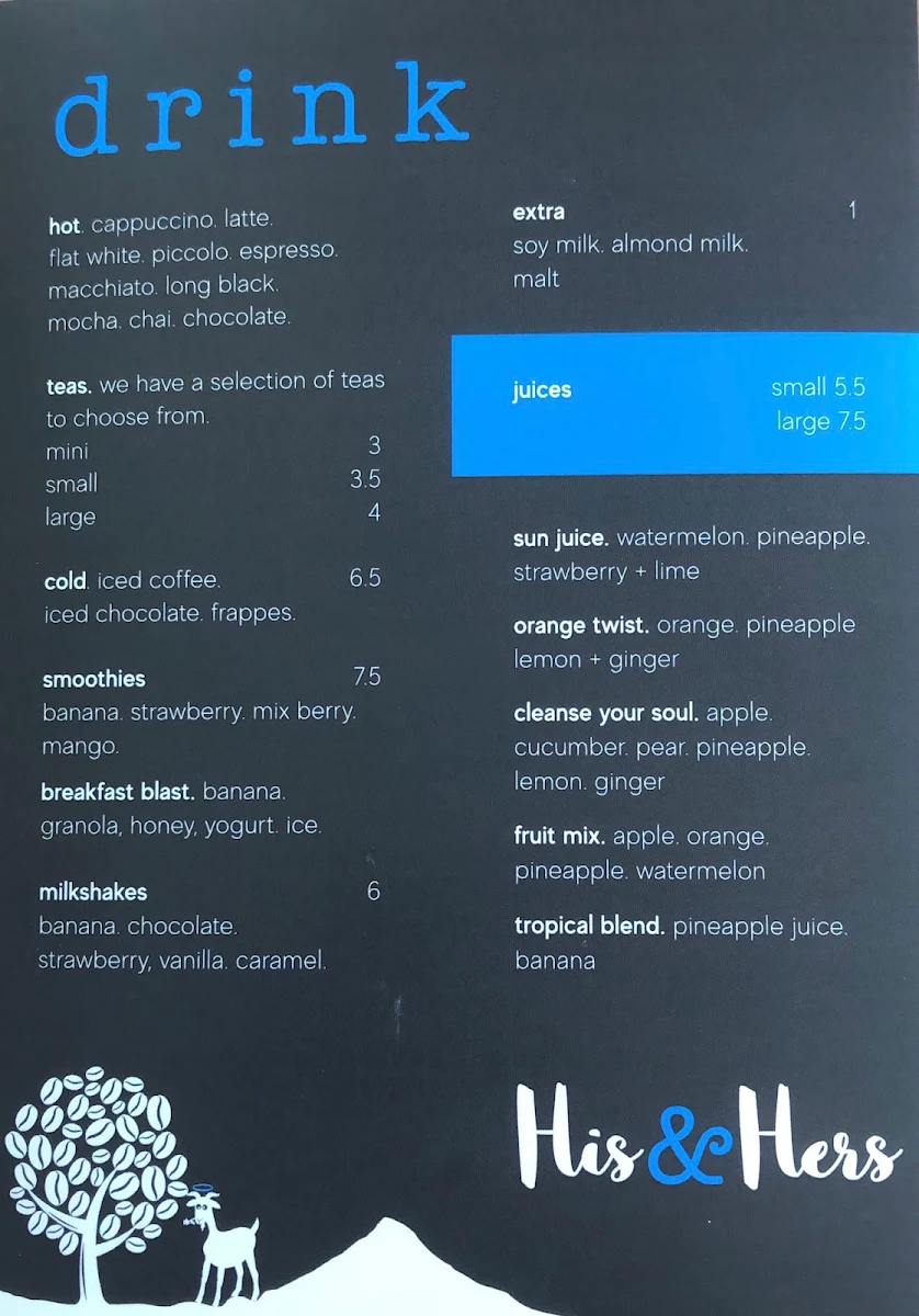 Menu, His & Hers cafe