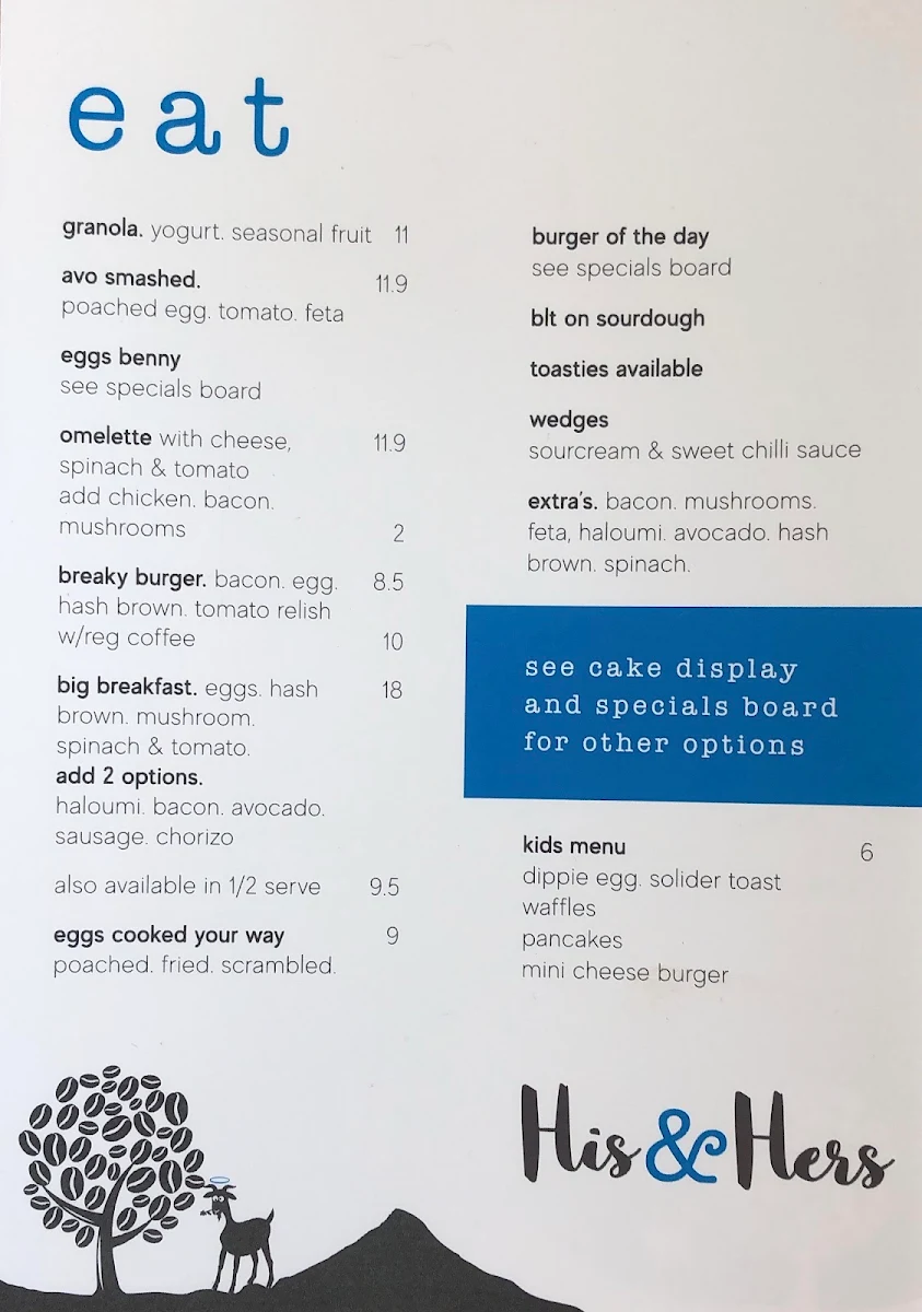 Menu, His & Hers cafe