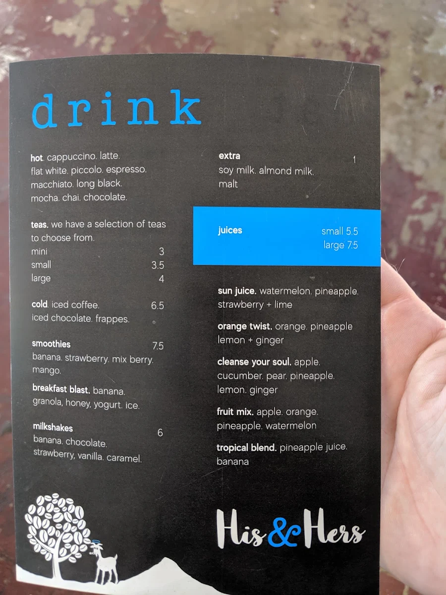 Menu, His & Hers cafe