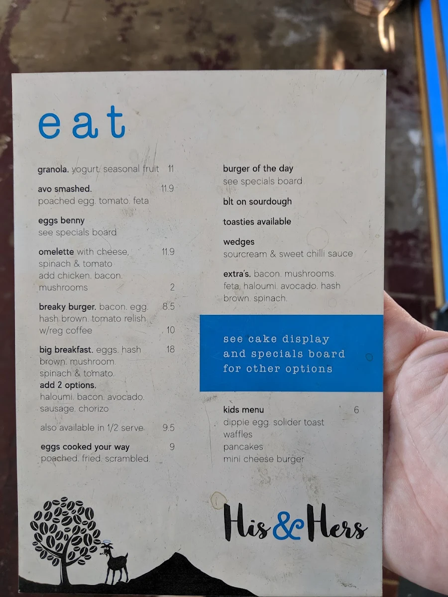 Menu, His & Hers cafe