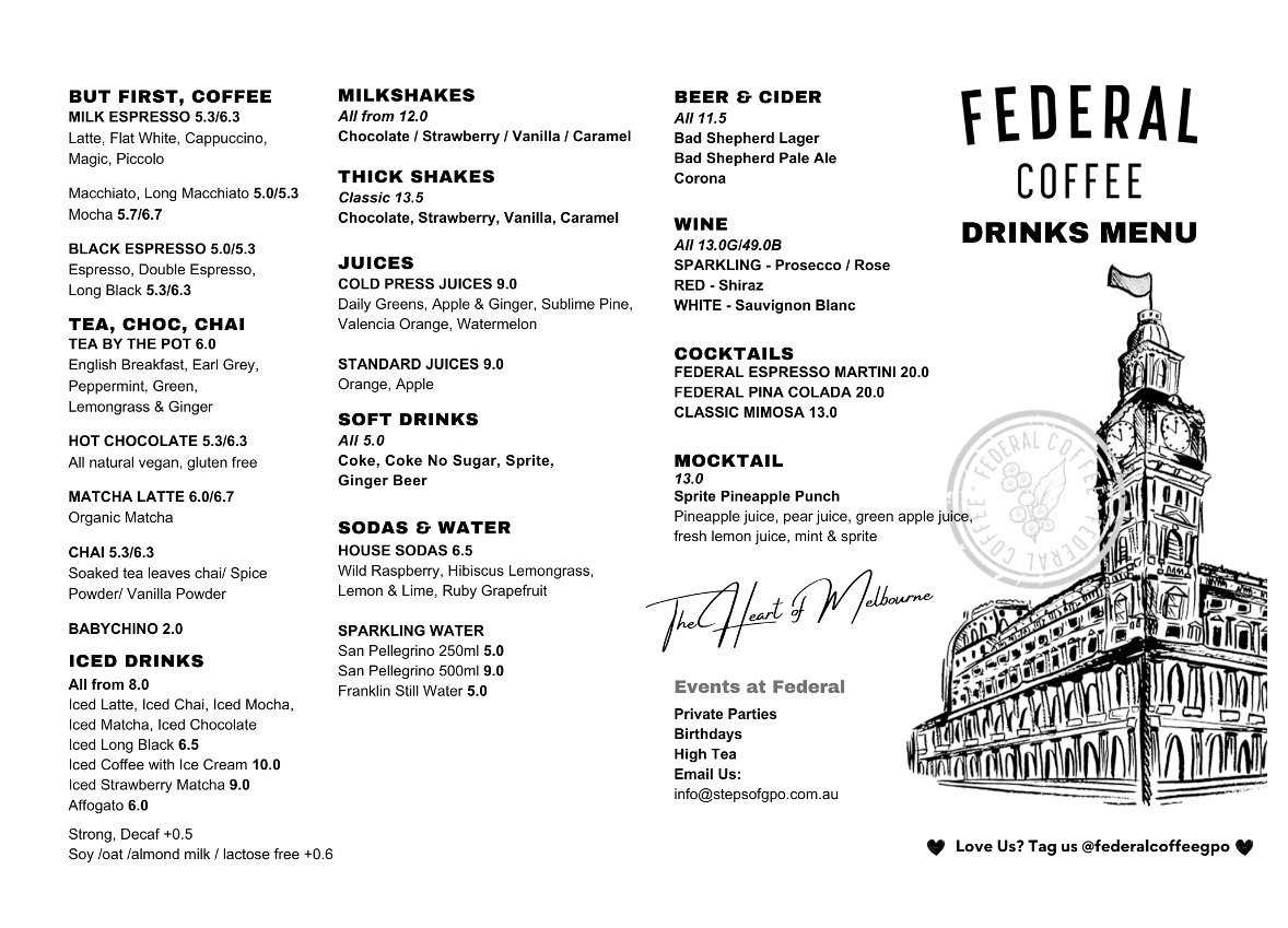 Menu, Federal Coffee