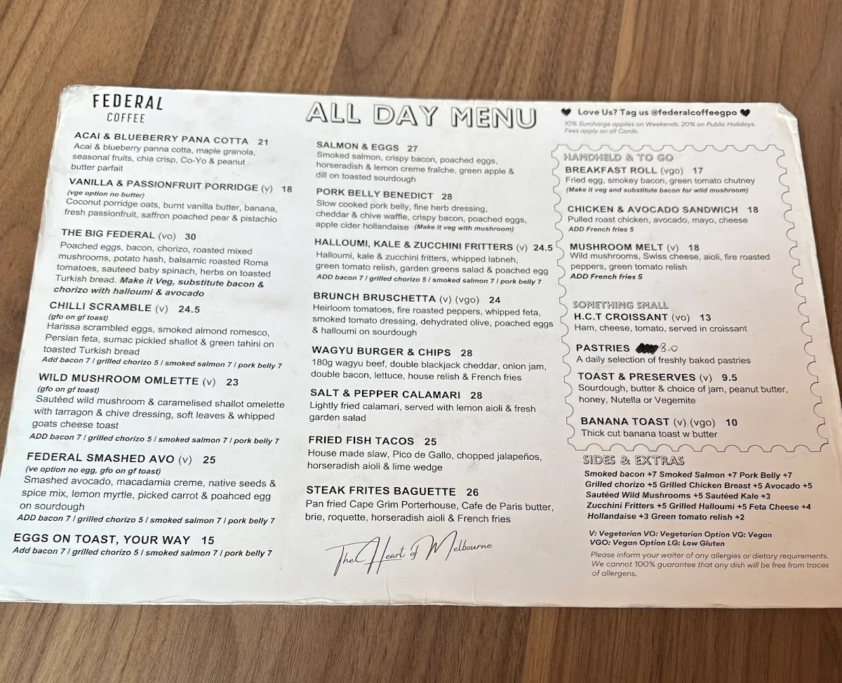 Menu, Federal Coffee