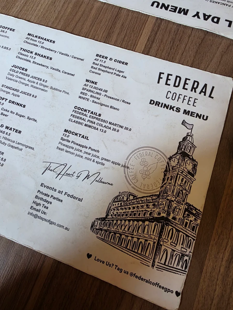 Menu, Federal Coffee