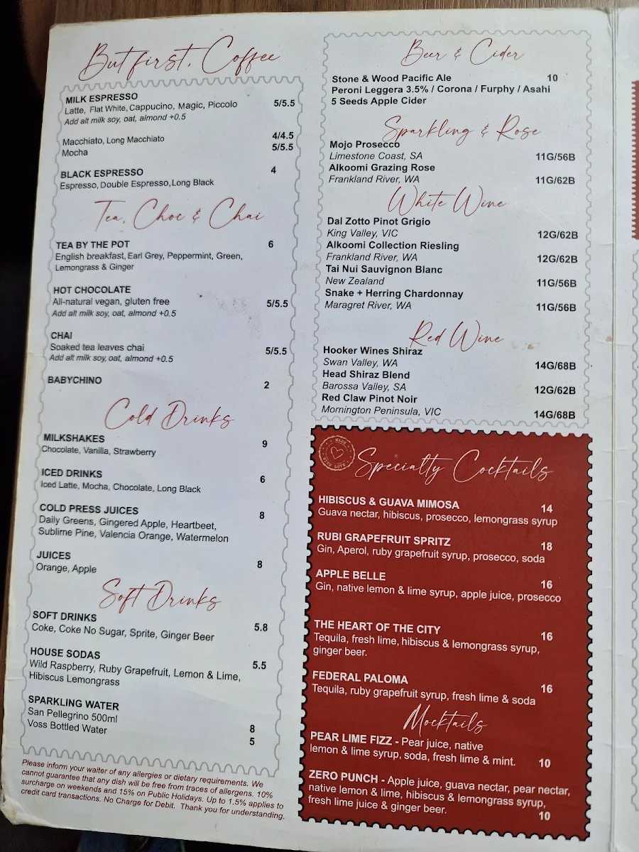 Menu, Federal Coffee