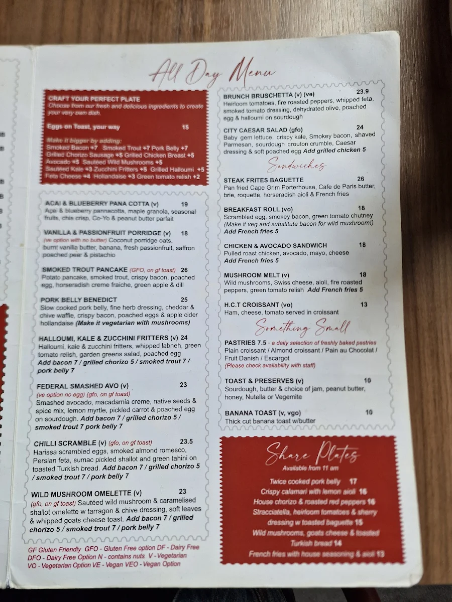 Menu, Federal Coffee