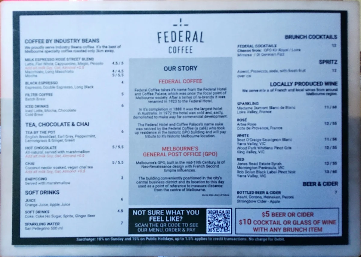 Menu, Federal Coffee