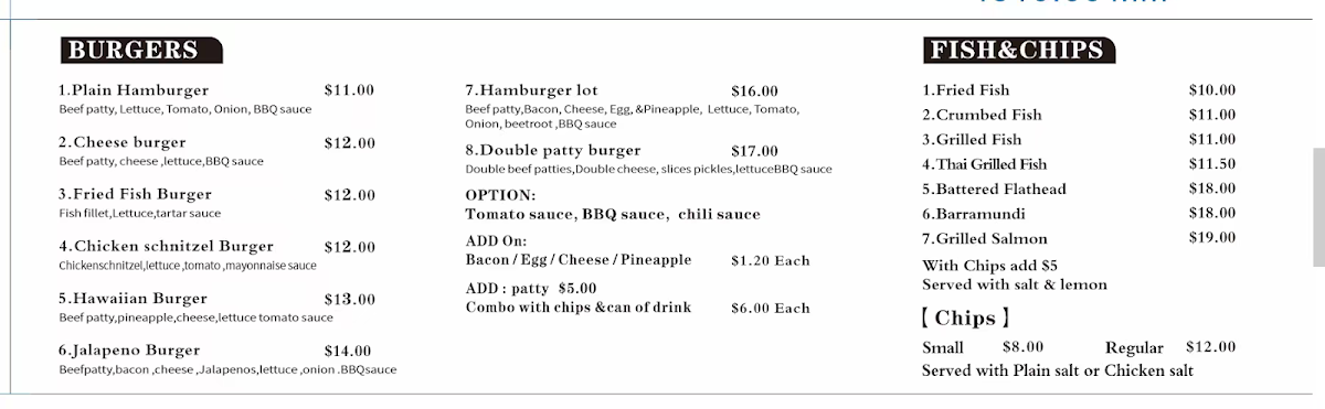 Menu, Fish chips & Burgers