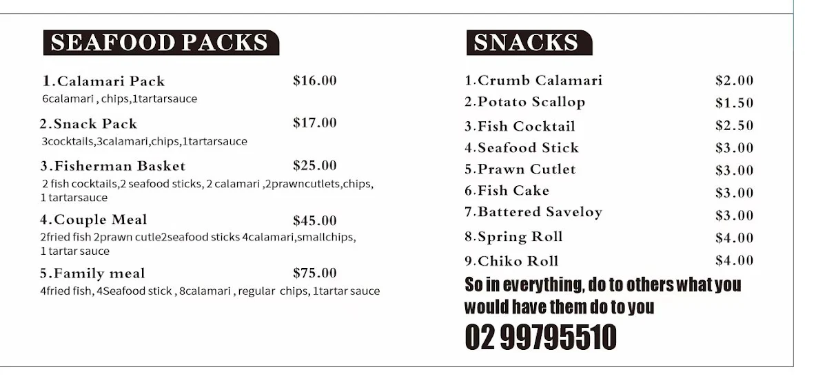 Menu, Fish chips & Burgers