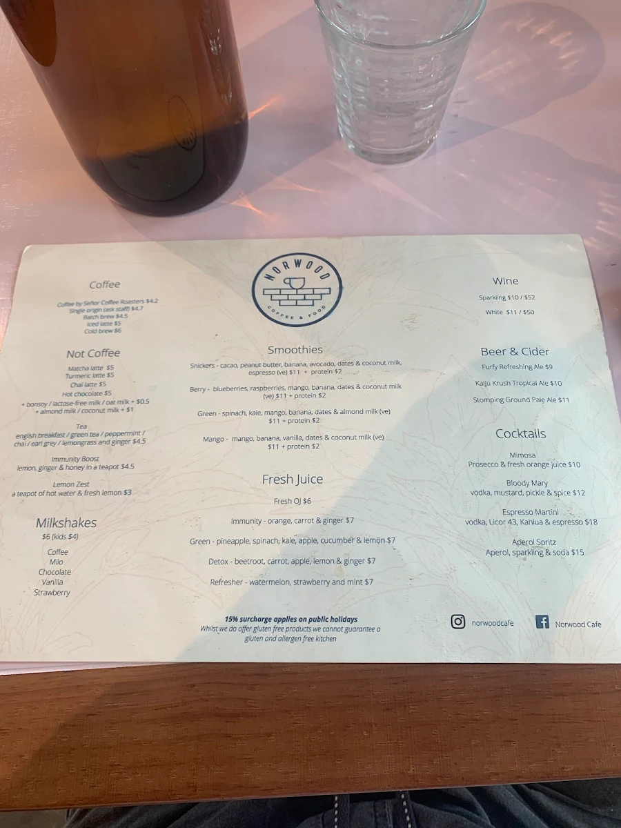 Menu, Norwood Cafe & Restaurant