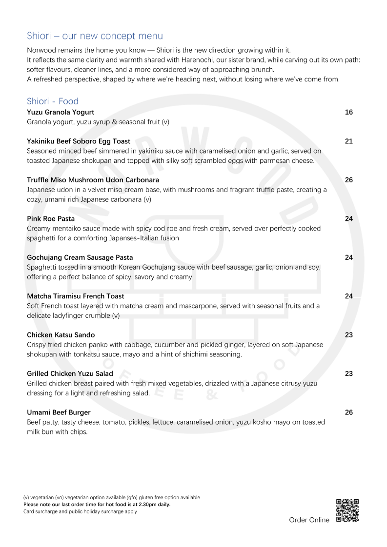 Menu, Norwood Cafe & Restaurant
