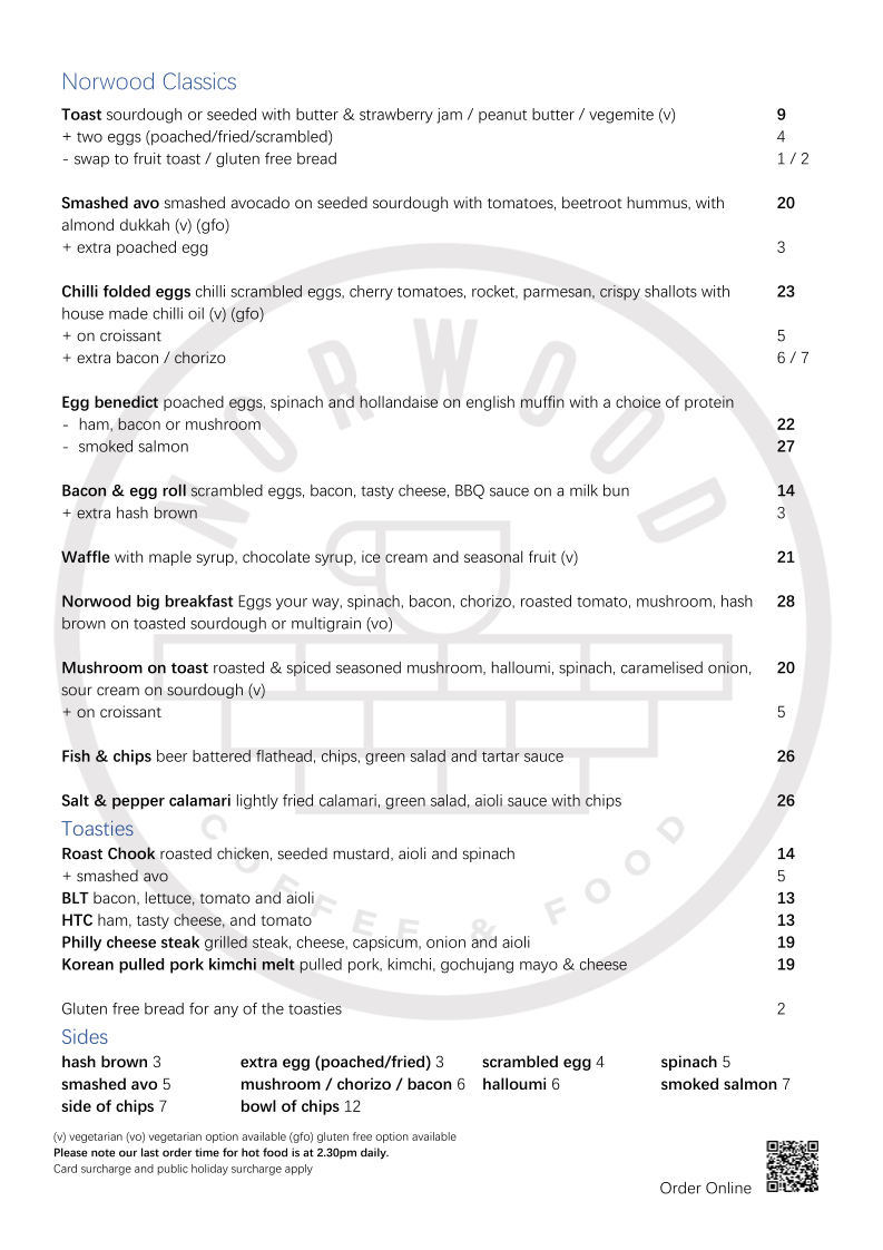 Menu, Norwood Cafe & Restaurant
