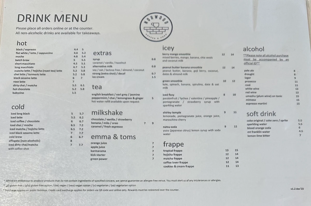 Menu, Norwood Cafe & Restaurant