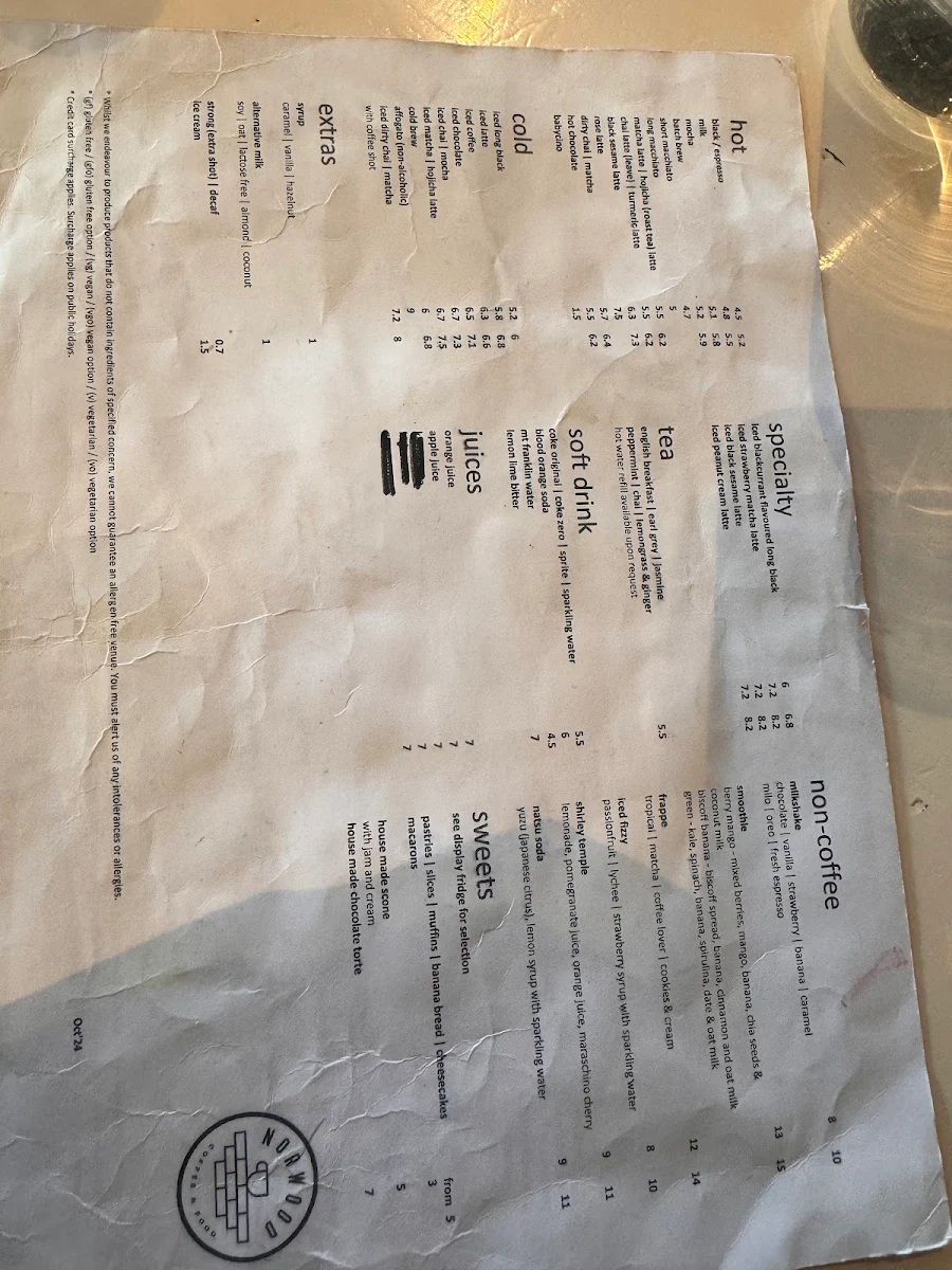 Menu, Norwood Cafe & Restaurant
