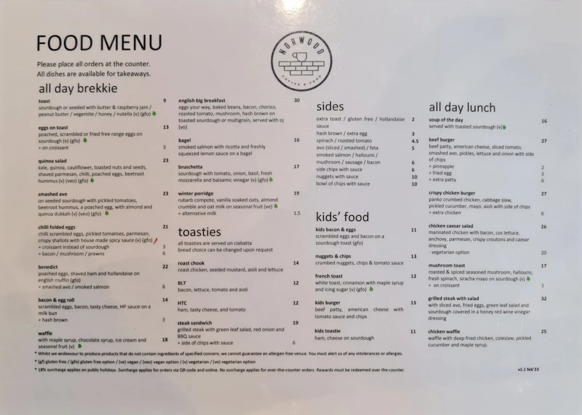 Menu, Norwood Cafe & Restaurant