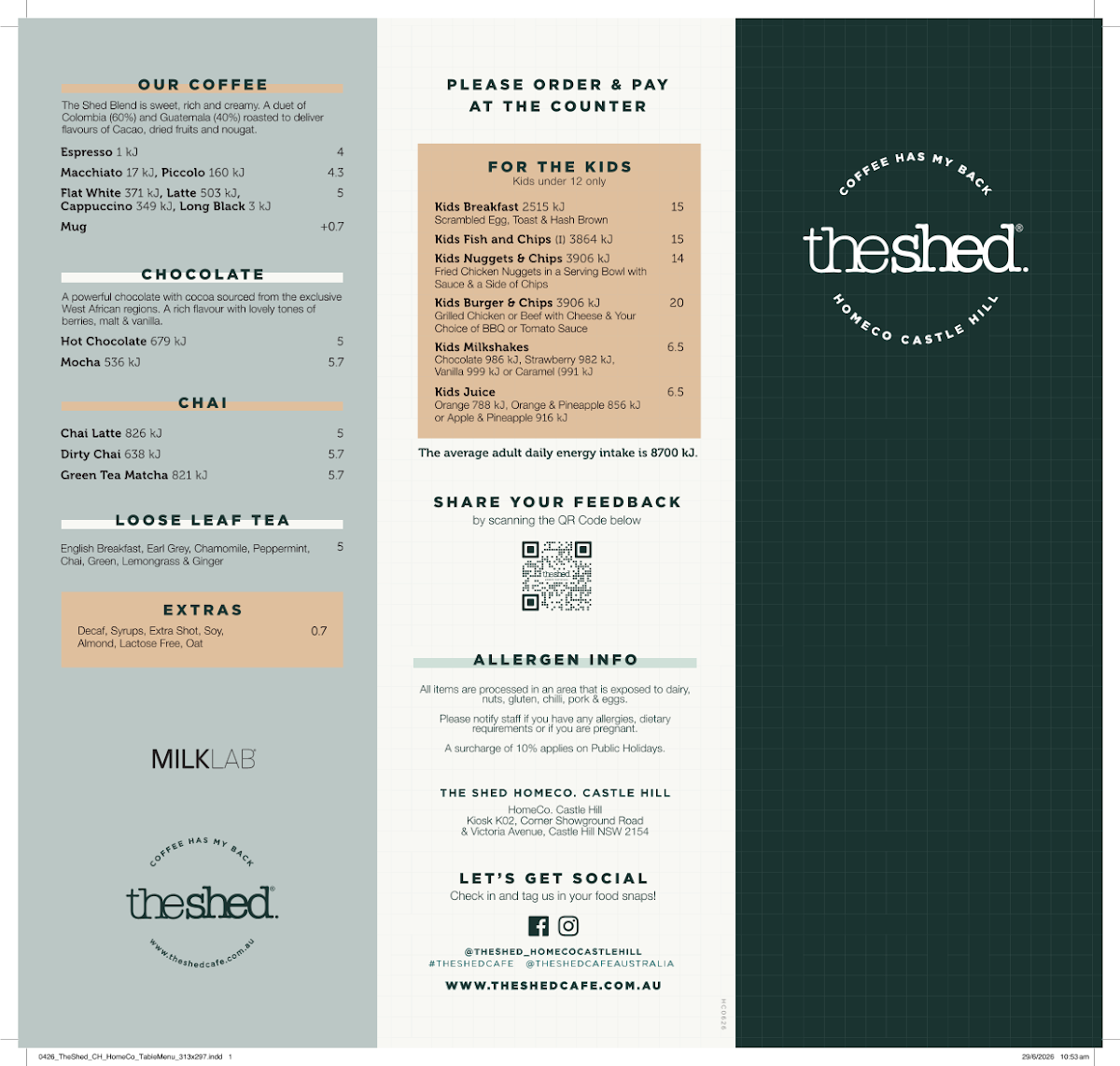 Menu, The Shed Cafe - HomeCo. Castle Hill