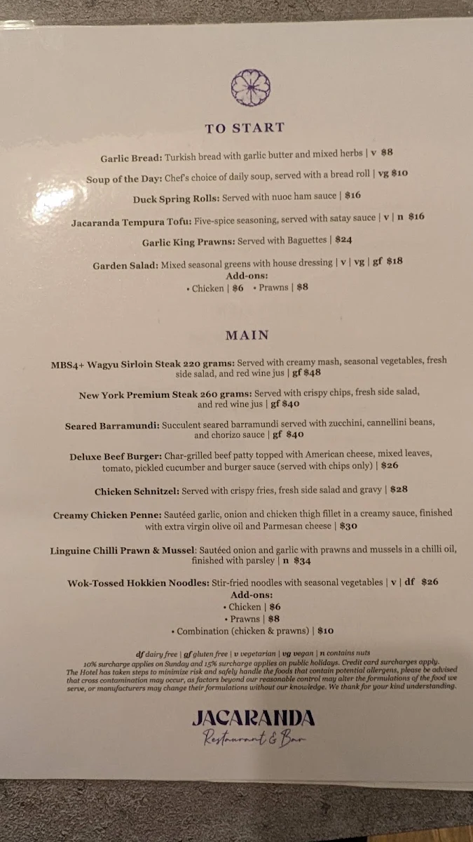 Menu, Jacaranda Restaurant & Bar