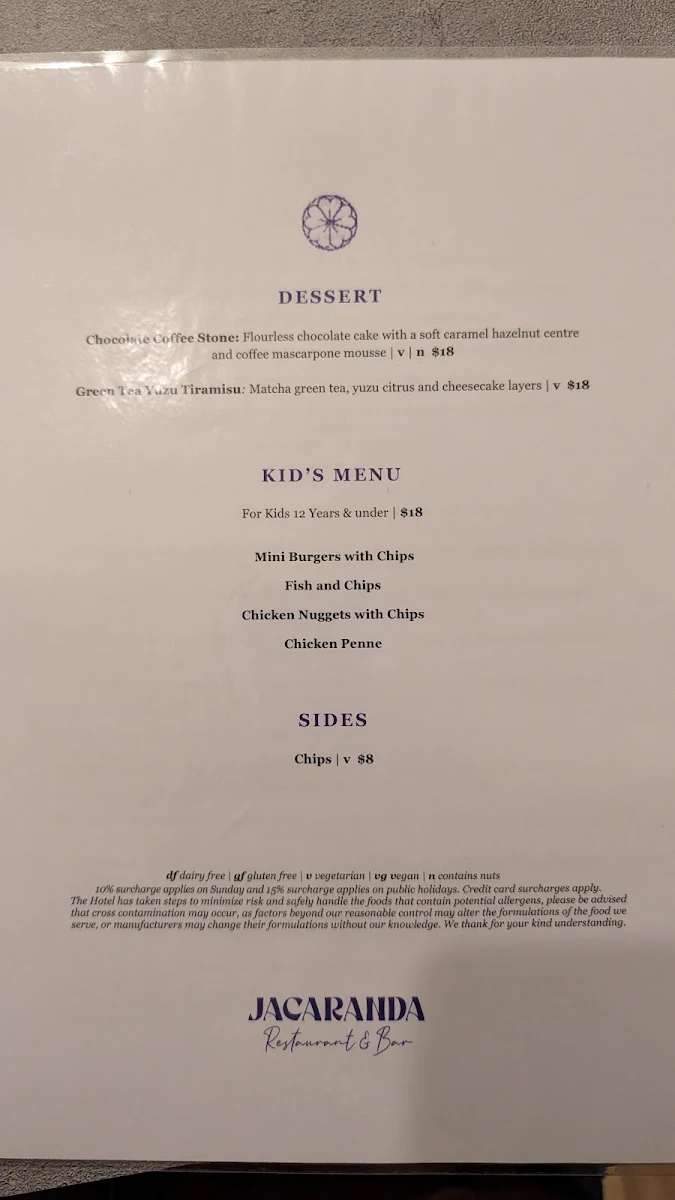 Menu, Jacaranda Restaurant & Bar