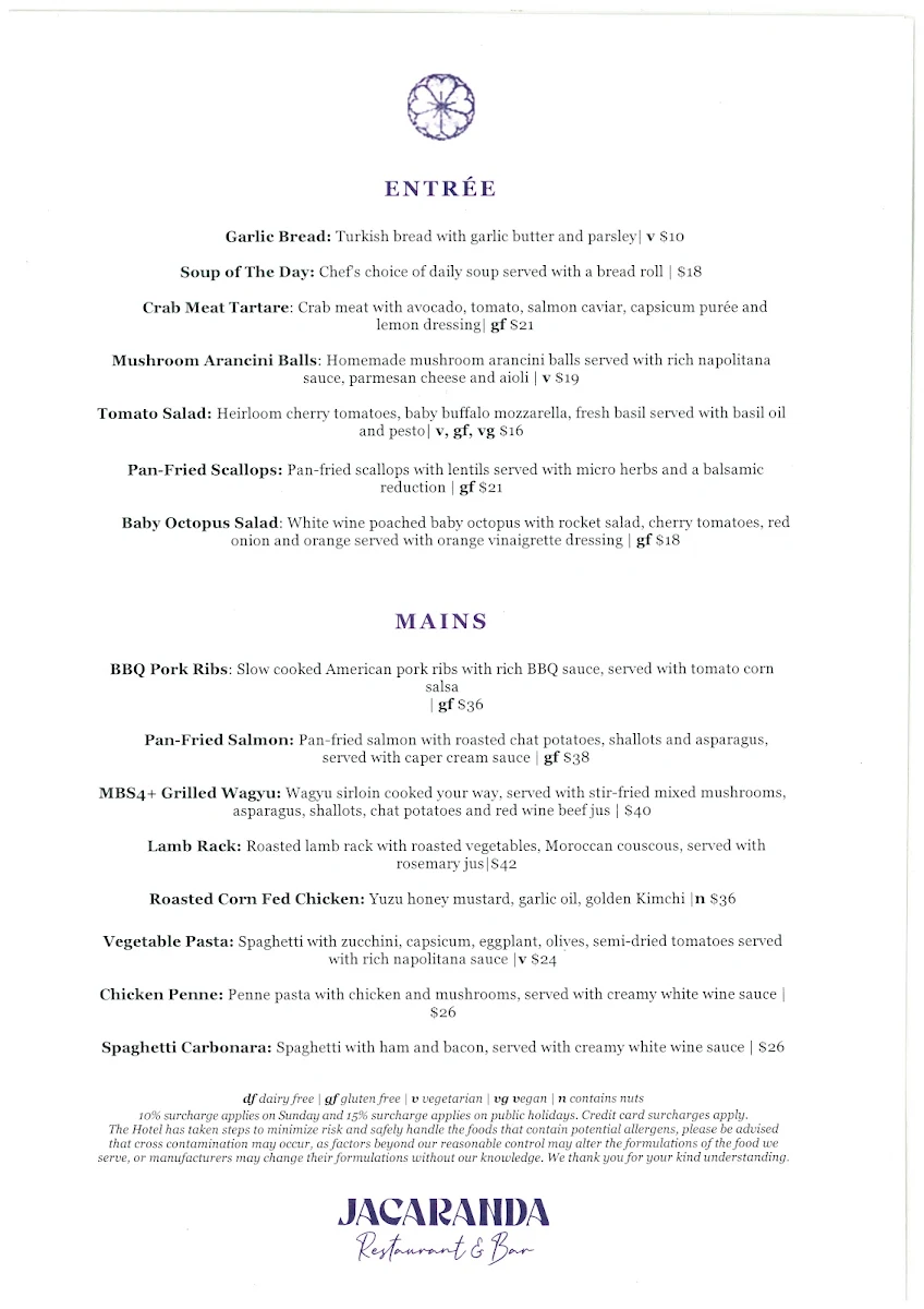 Menu, Jacaranda Restaurant & Bar