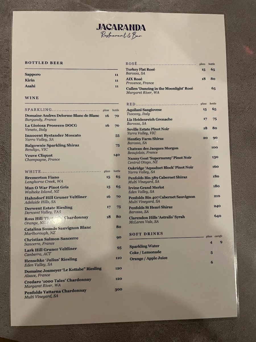 Menu, Jacaranda Restaurant & Bar