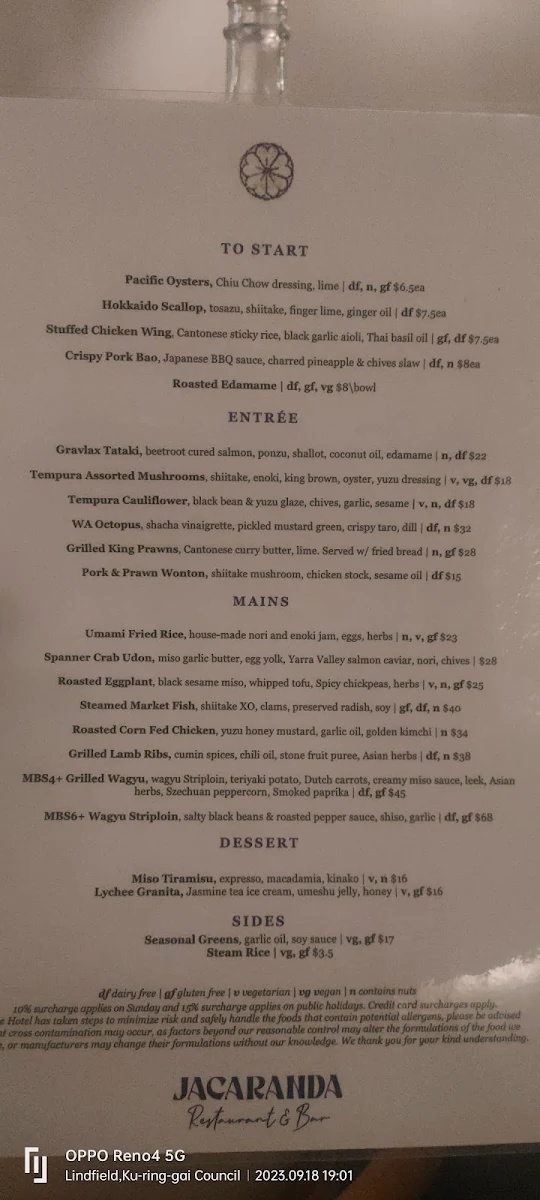 Menu, Jacaranda Restaurant & Bar
