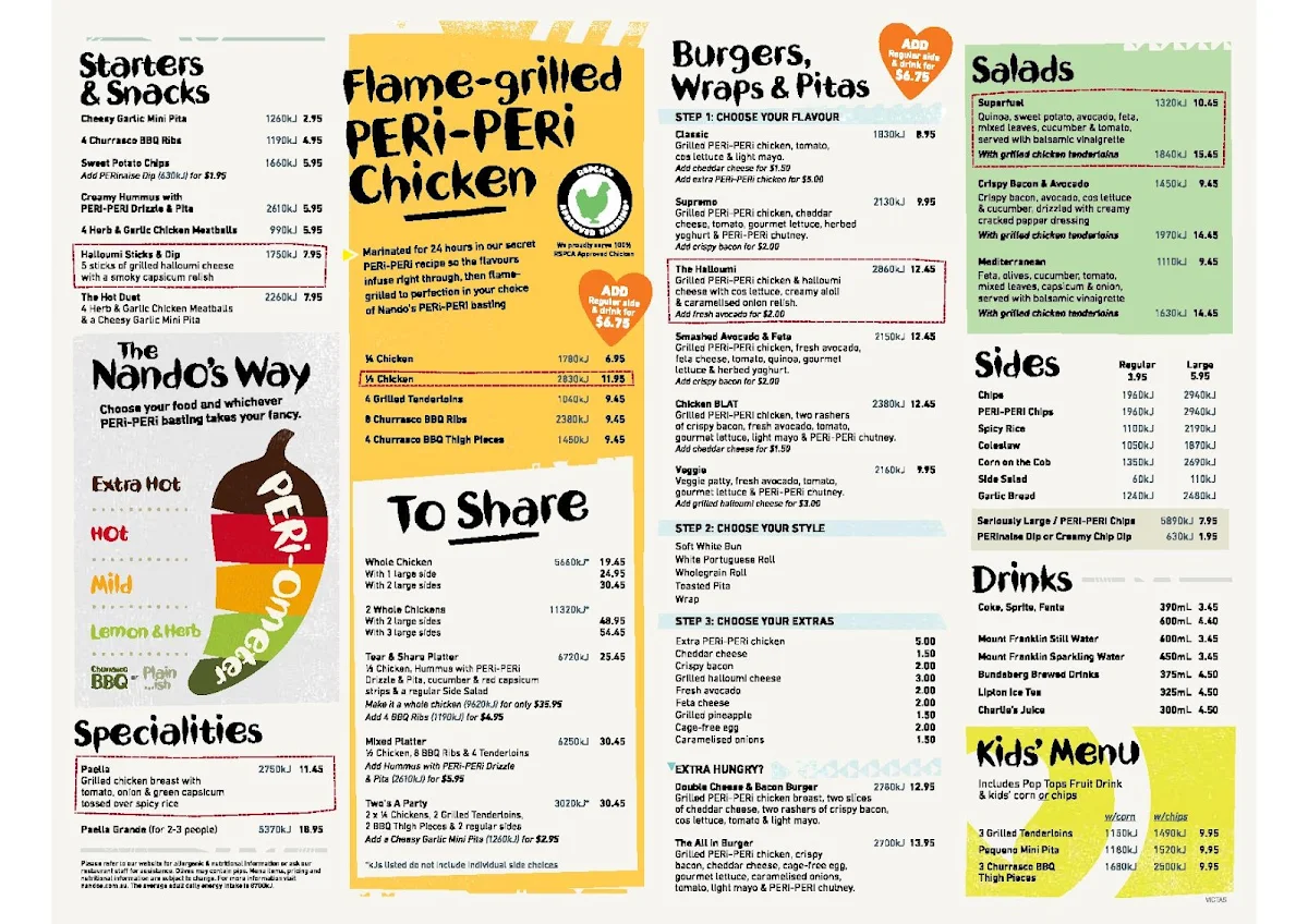 Menu, Nando's Sunbury