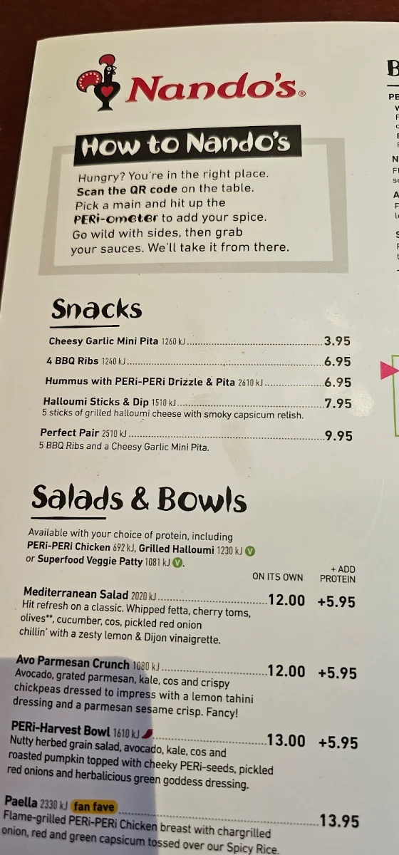 Menu, Nando's Sunbury