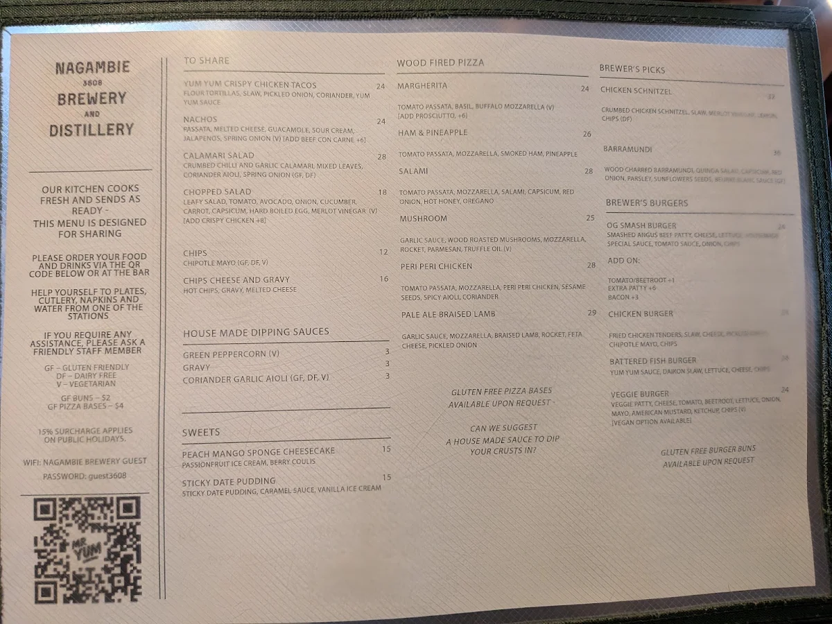 Menu, Nagambie Brewery and Distillery