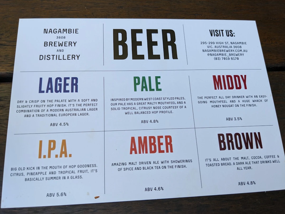 Menu, Nagambie Brewery and Distillery