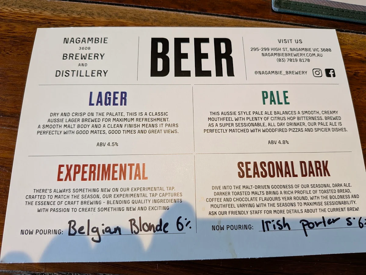 Menu, Nagambie Brewery and Distillery