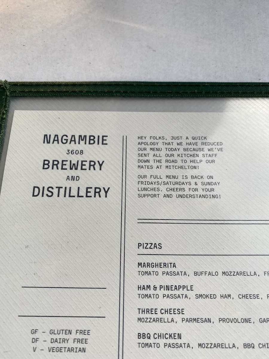 Menu, Nagambie Brewery and Distillery