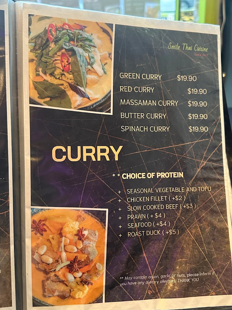 Menu, Smile Thai Cuisine