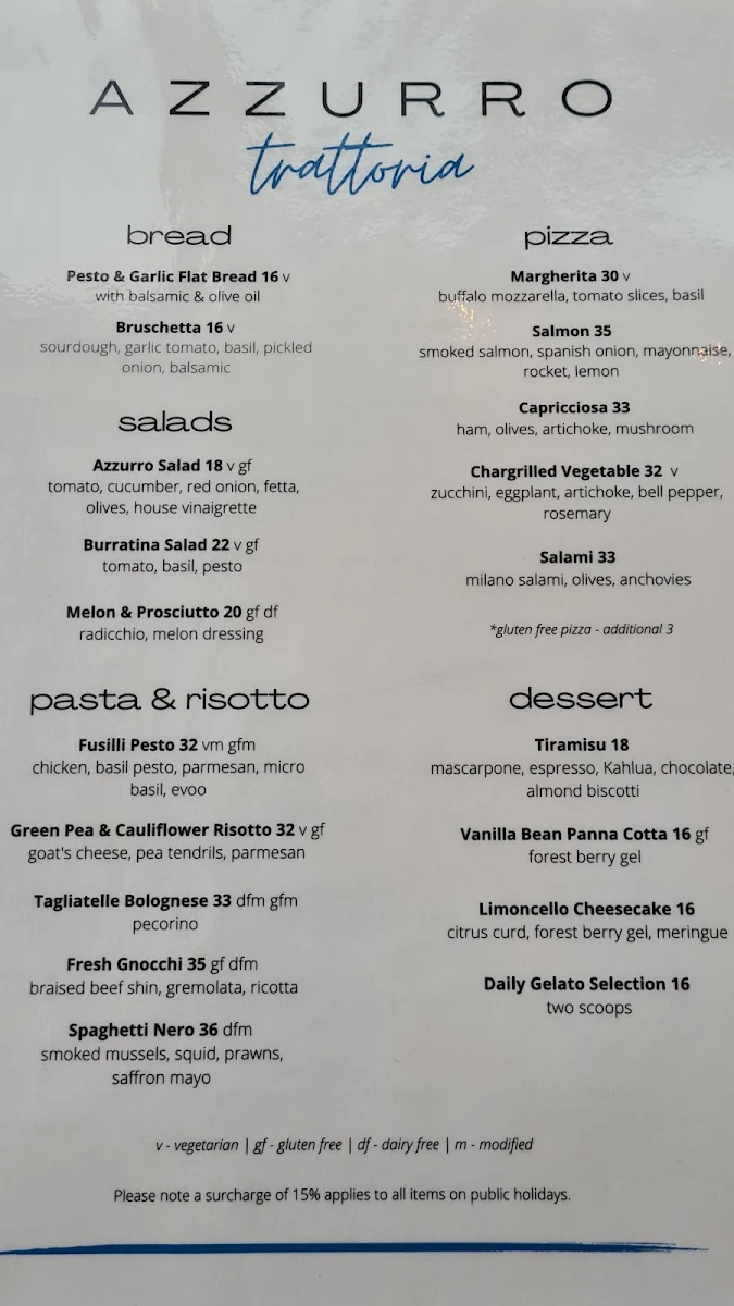 Menu, Azzurro Trattoria