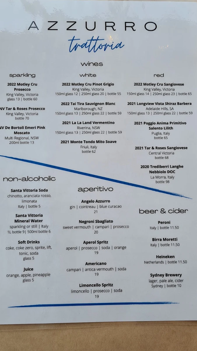 Menu, Azzurro Trattoria