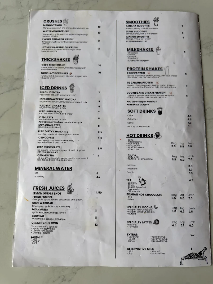 Menu, Parx Coffee House Abbotsbury