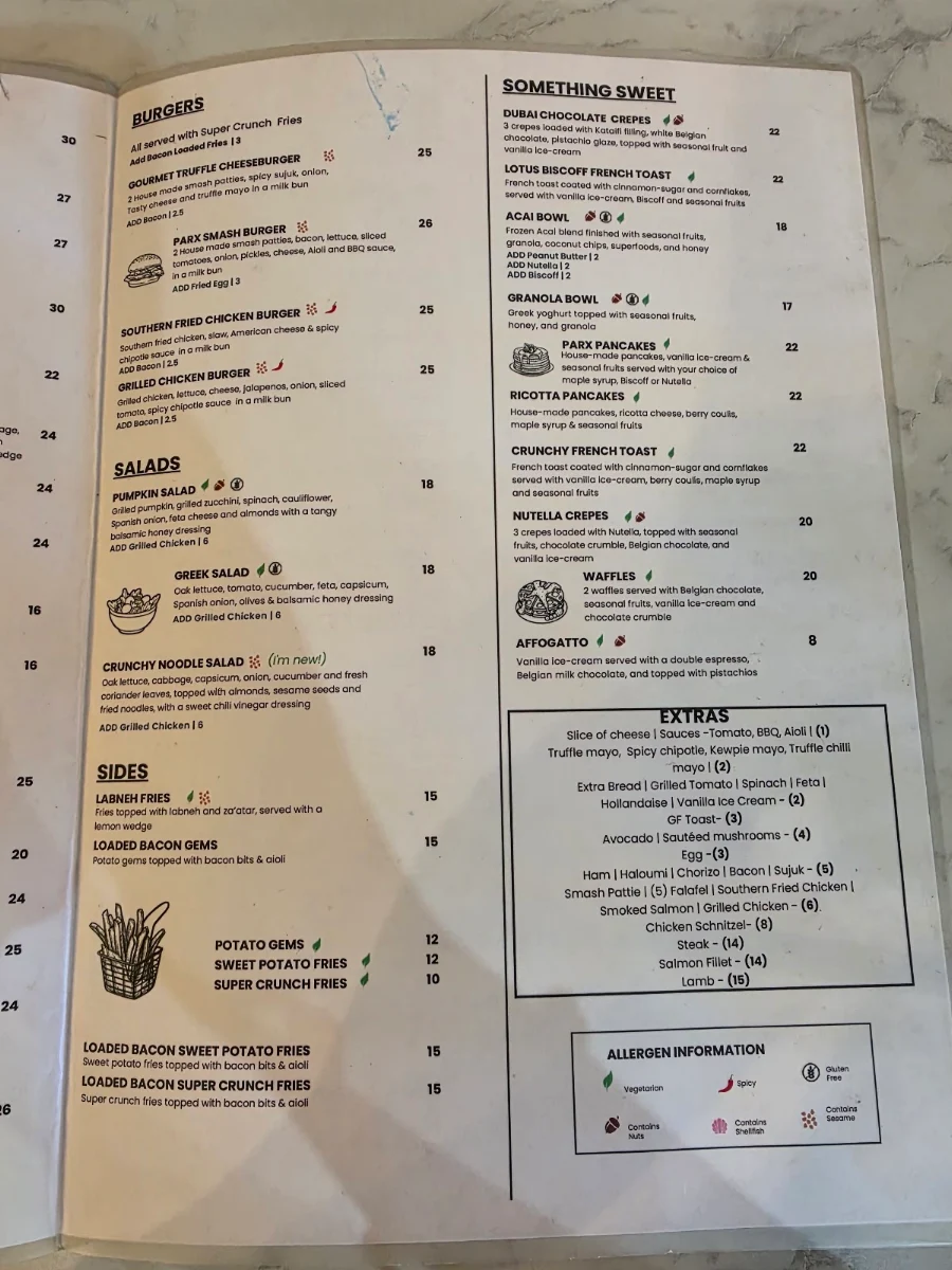 Menu, Parx Coffee House Abbotsbury