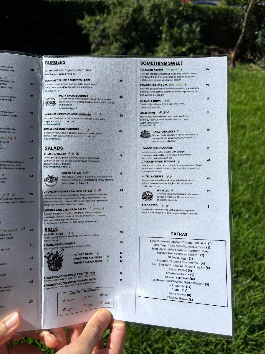 Menu, Parx Coffee House Abbotsbury