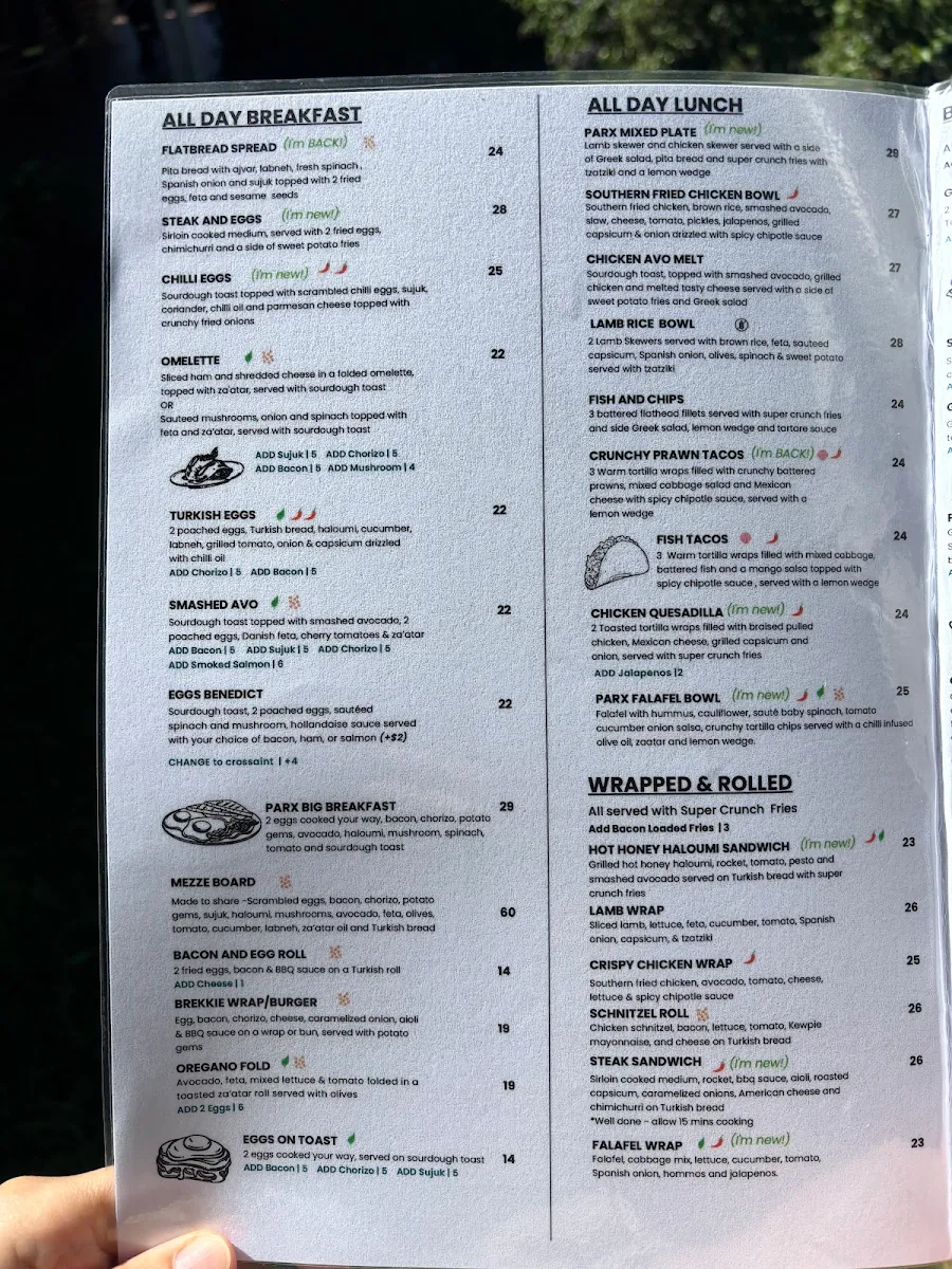 Menu, Parx Coffee House Abbotsbury