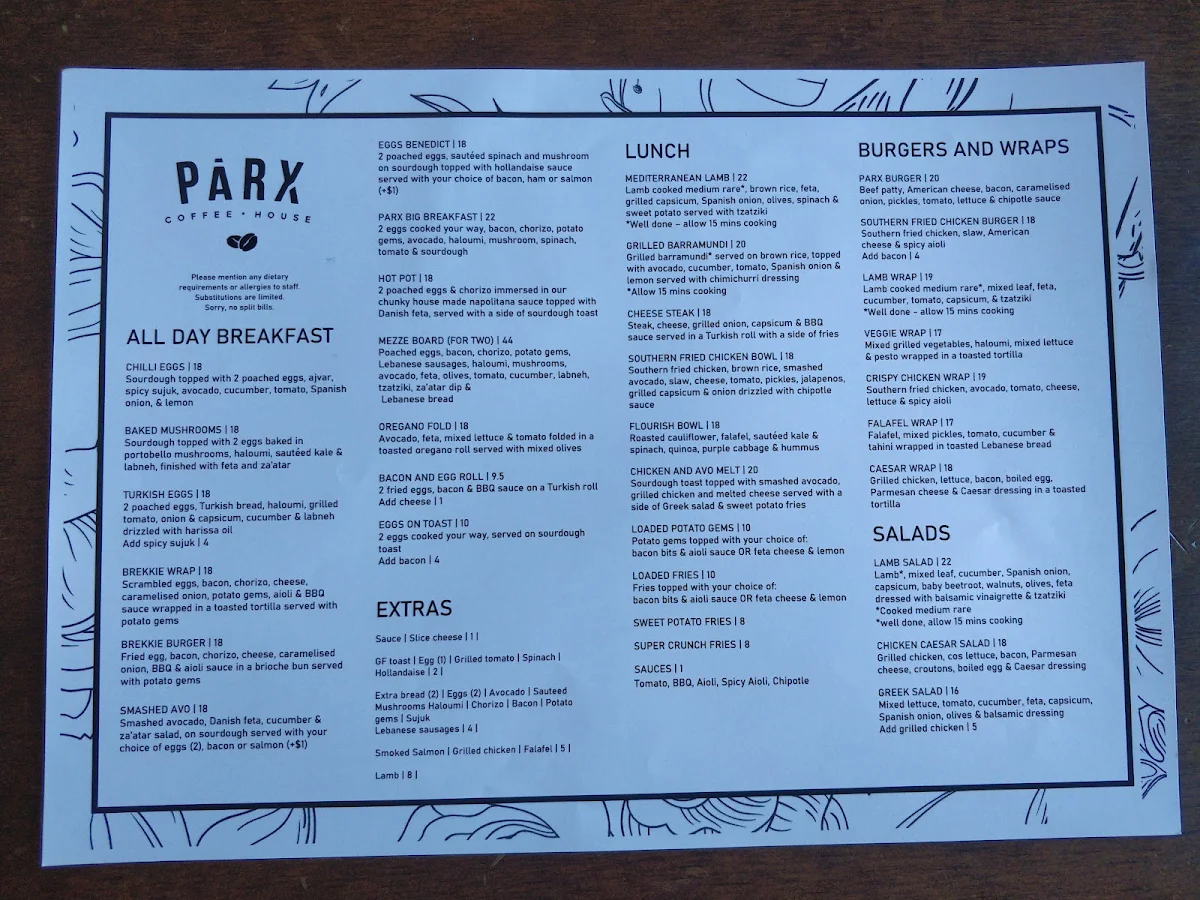 Menu, Parx Coffee House Abbotsbury