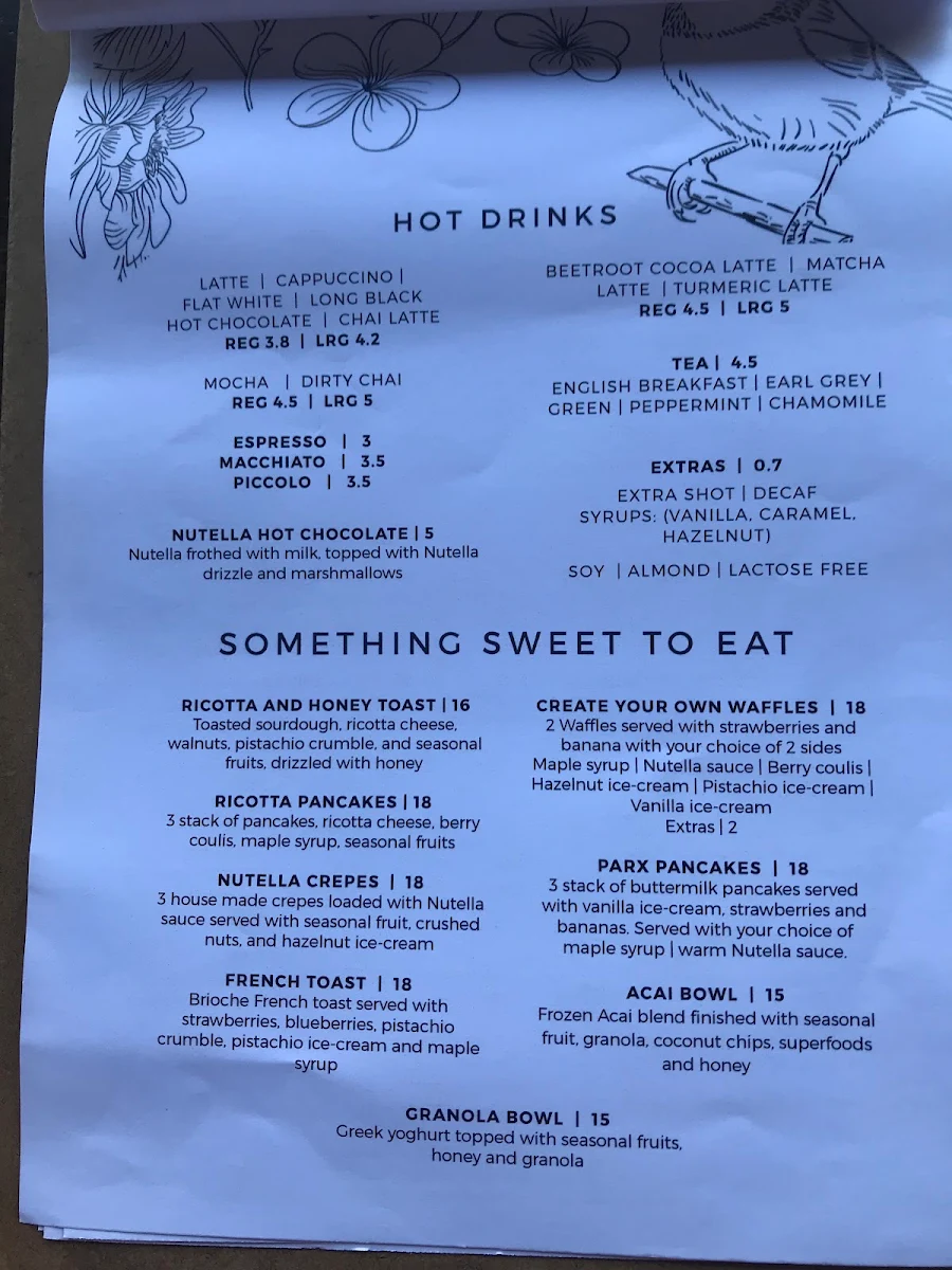 Menu, Parx Coffee House Abbotsbury