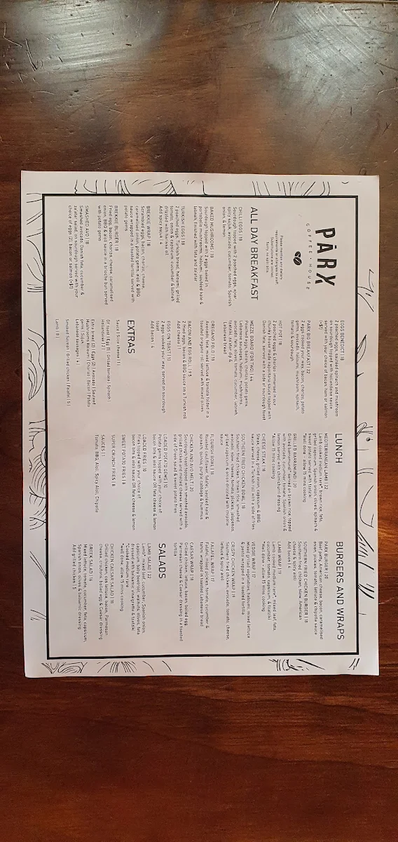 Menu, Parx Coffee House Abbotsbury