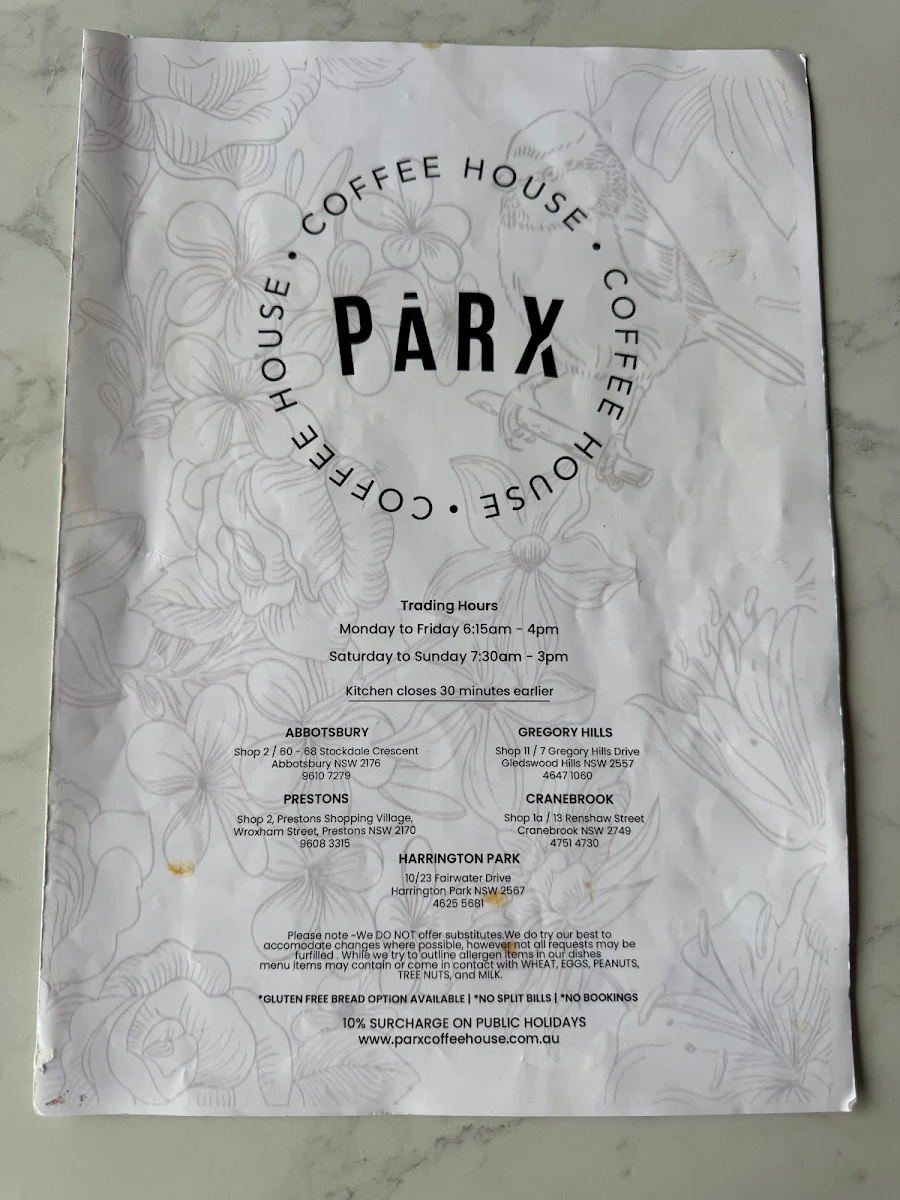Menu, Parx Coffee House Abbotsbury
