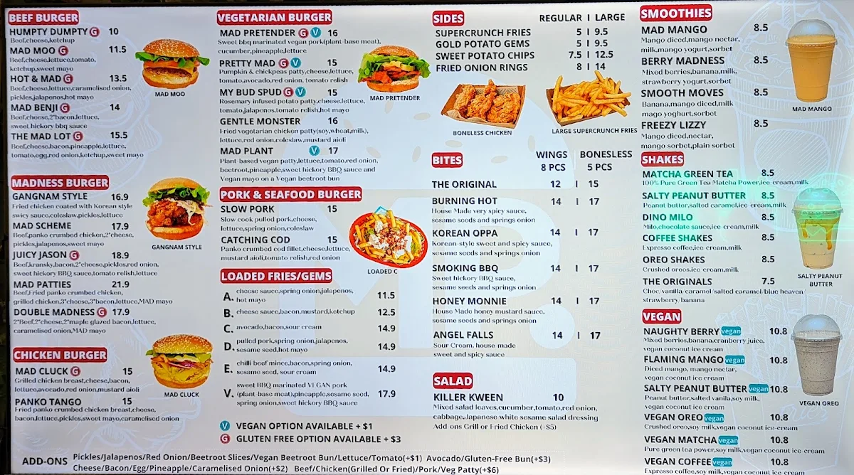 Menu, Mad Patties Mulgrave