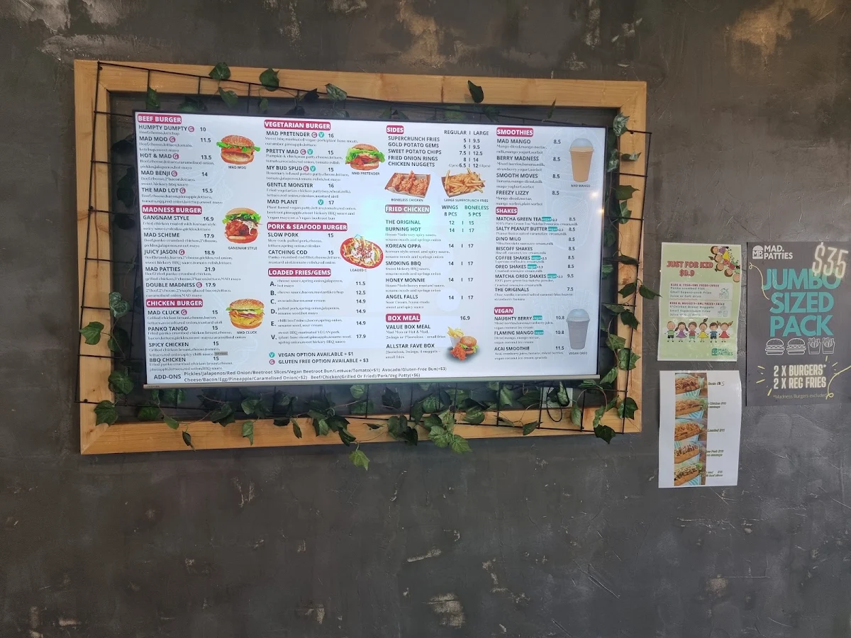 Menu, Mad Patties Mulgrave