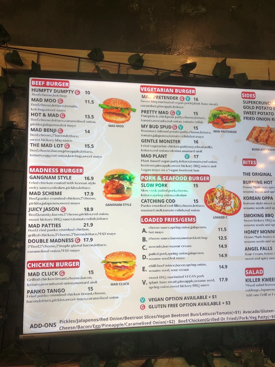 Menu, Mad Patties Mulgrave
