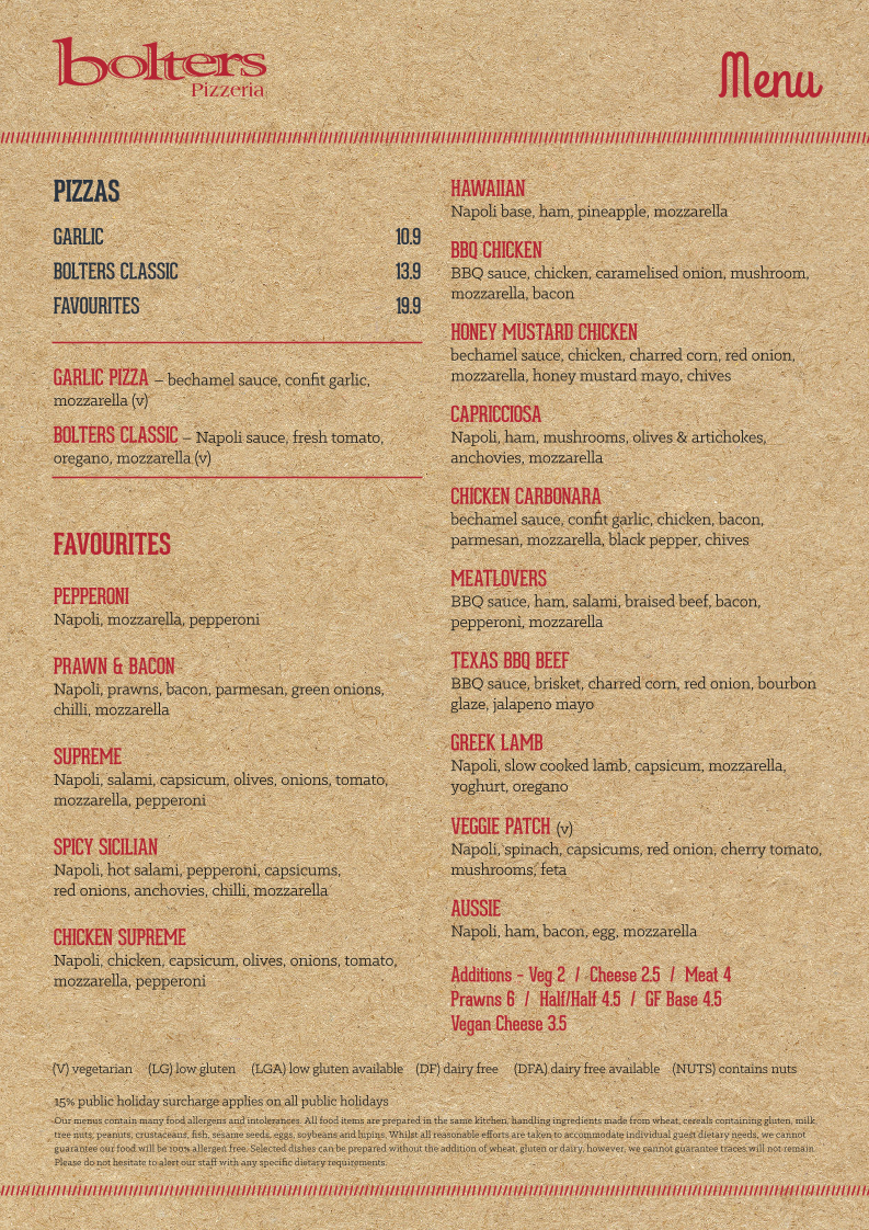 Menu, Bolters Grill, Bar and Pizzeria