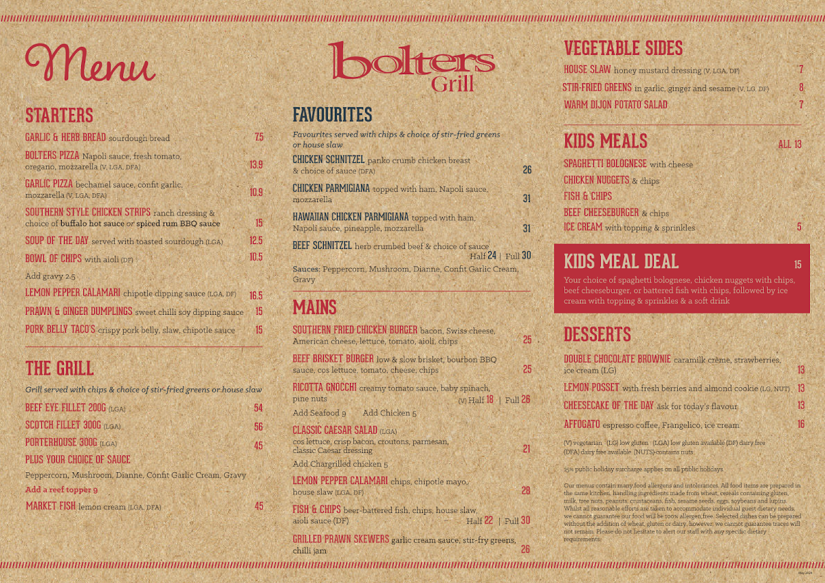 Menu, Bolters Grill, Bar and Pizzeria
